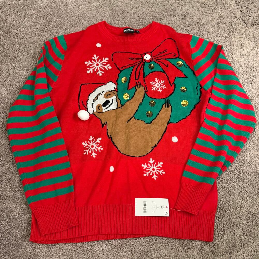 NWT Sloth Christmas Holiday Sweater Juniors XL Mad Engine Red Green Gold